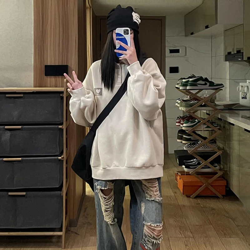 Heart Patchwork Sweatshirts Women Loose Streetwear Harajuku Preppy College Korean Fashion Style Youth All-match Autumn Clothing