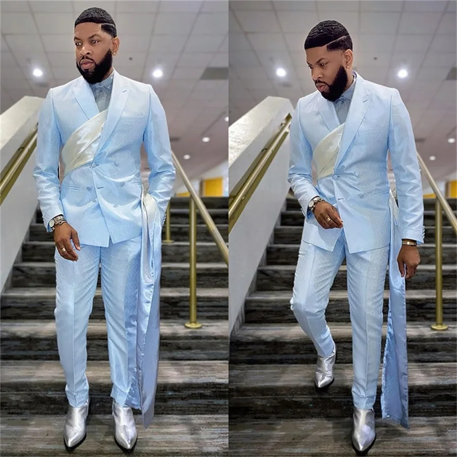 

Handsome Light Blue Men Suits For Wedding Tuxedo Silk Satin 2 Pieces (Blazer+Pants) Double Breasted Formal Prom Evening