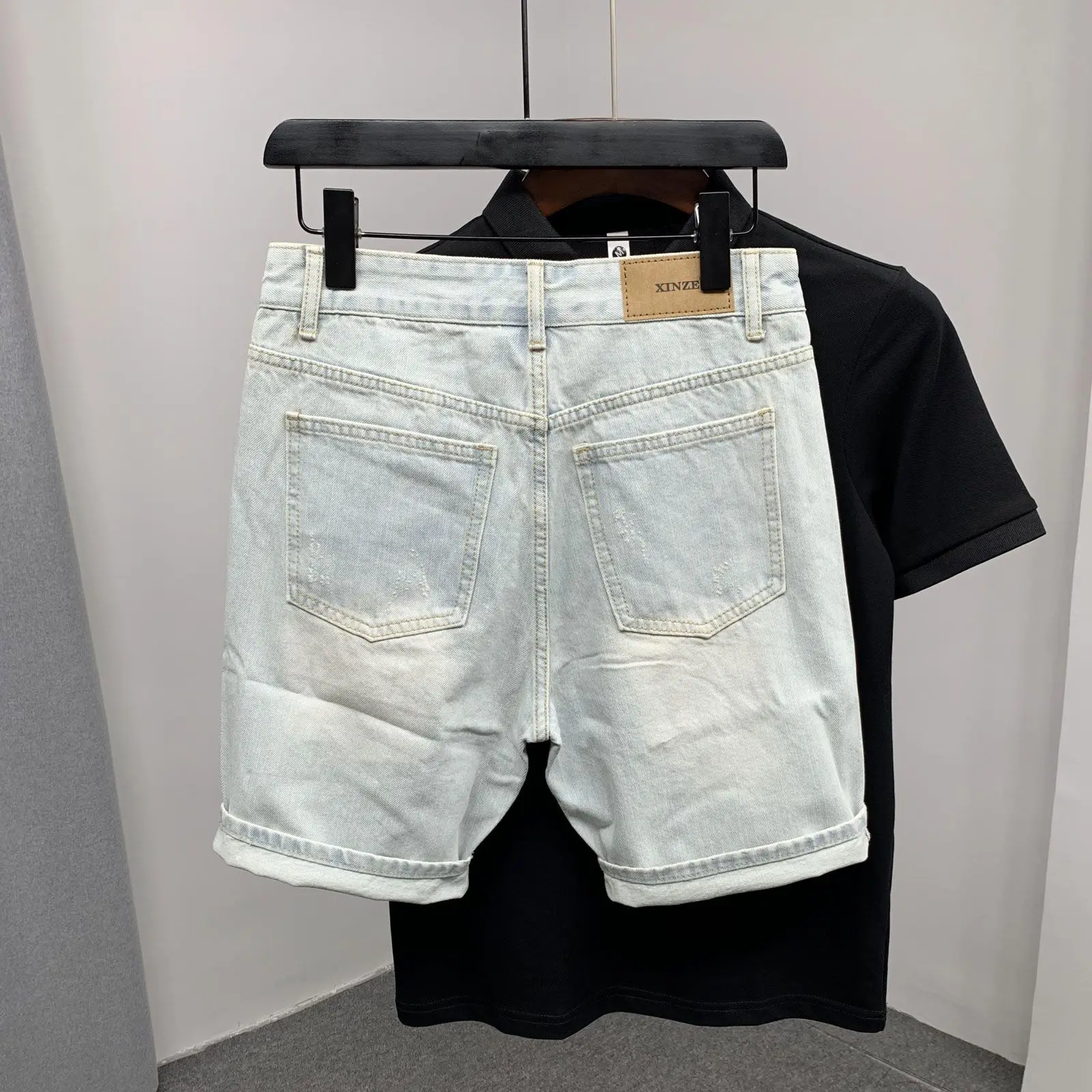 New 2025 Beggar Cat Whisker Big Hole Popular Pants Men's Summer Trendy Brand Washed Blue Denim Shorts Streetwear Ripped Jeans