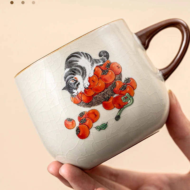 Chinese Style Ceramic Gift Cute Mug, Home Personal Office Creative Hand Drawn Flower Patterns, Milk Water Coffee Cup, 320ml, 1Pc