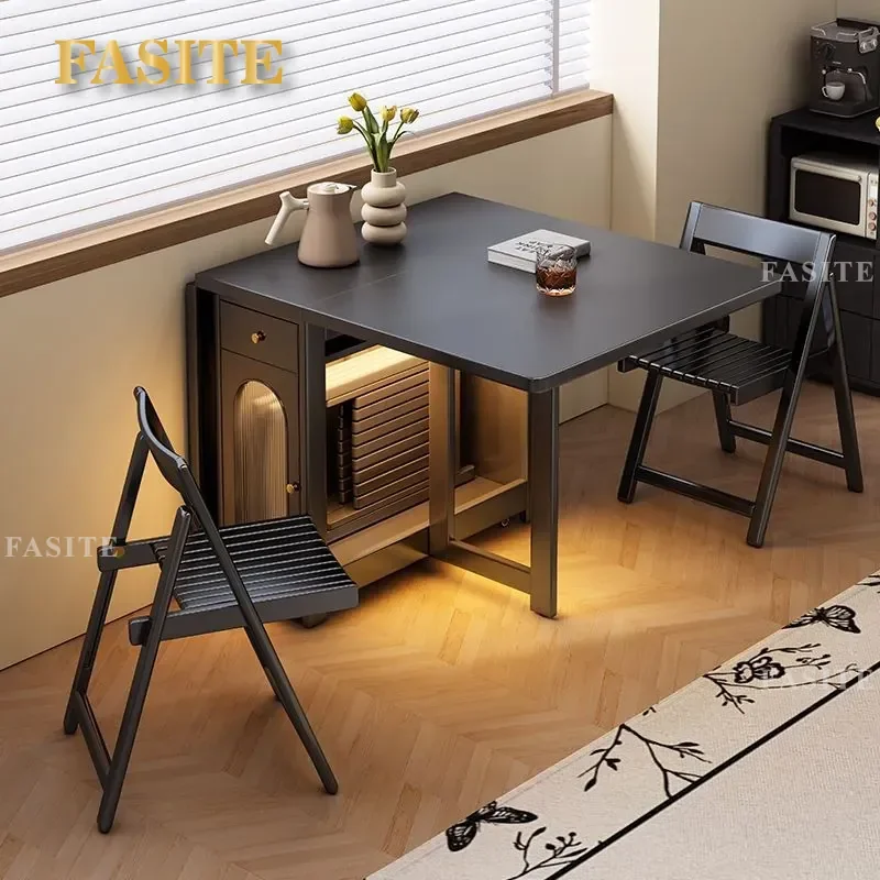 For Small Apartment Black Retro All Solid Wood Folding Dining Table Modern Light Luxury Rectangular Retractable Invisible
