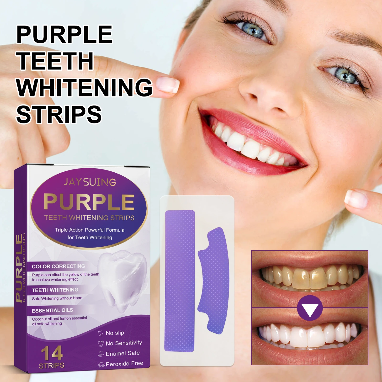 MOQ 5 Boxes, 7 Pairs 14 Strips Per Box, Purple Dentals Strips, Effective Stain Removal & Gum Protection