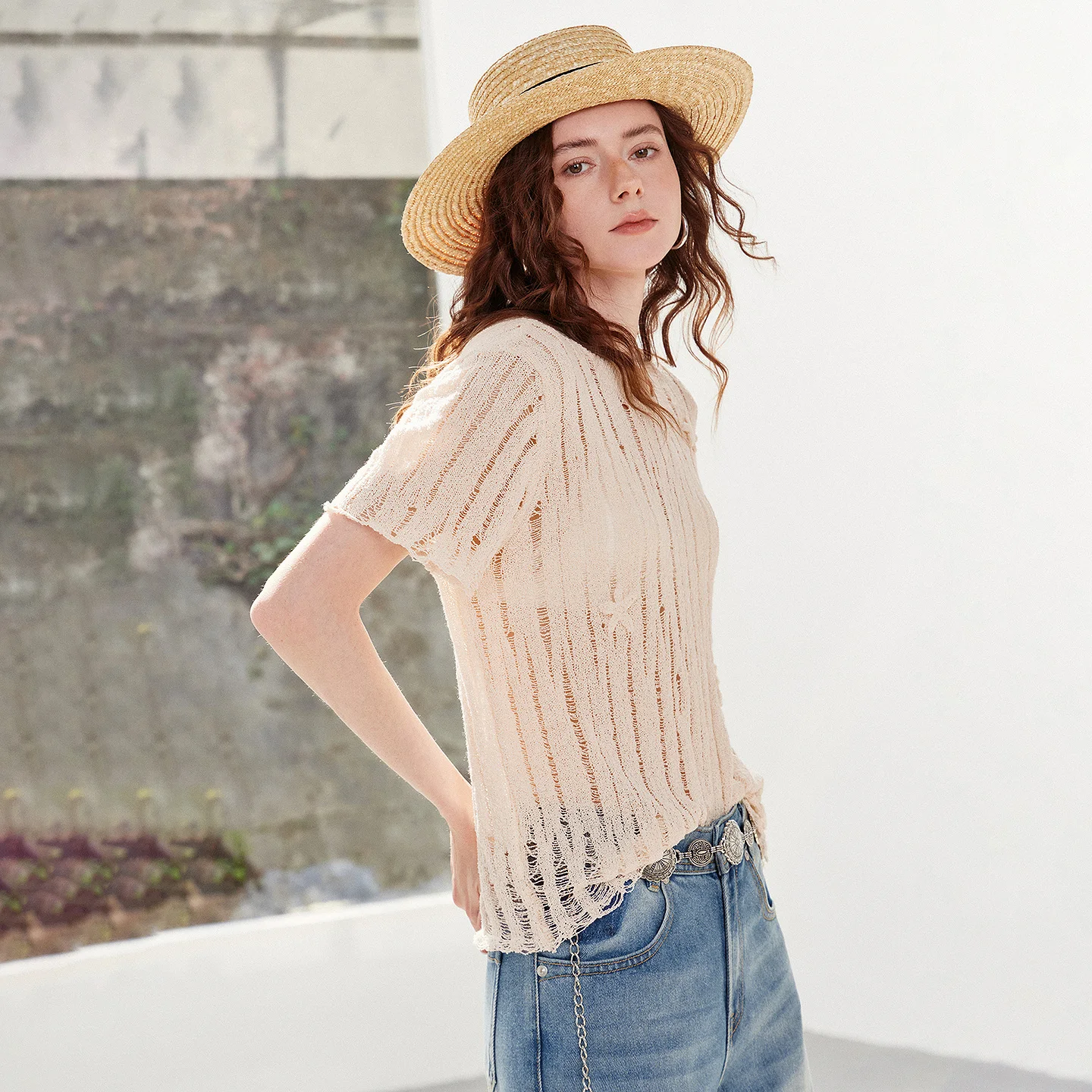 TOYOUTH Women Curved Linen Hollow Knitwear 2026 Summer New Forest Retro Light Literary Relaxed Pullover Tops