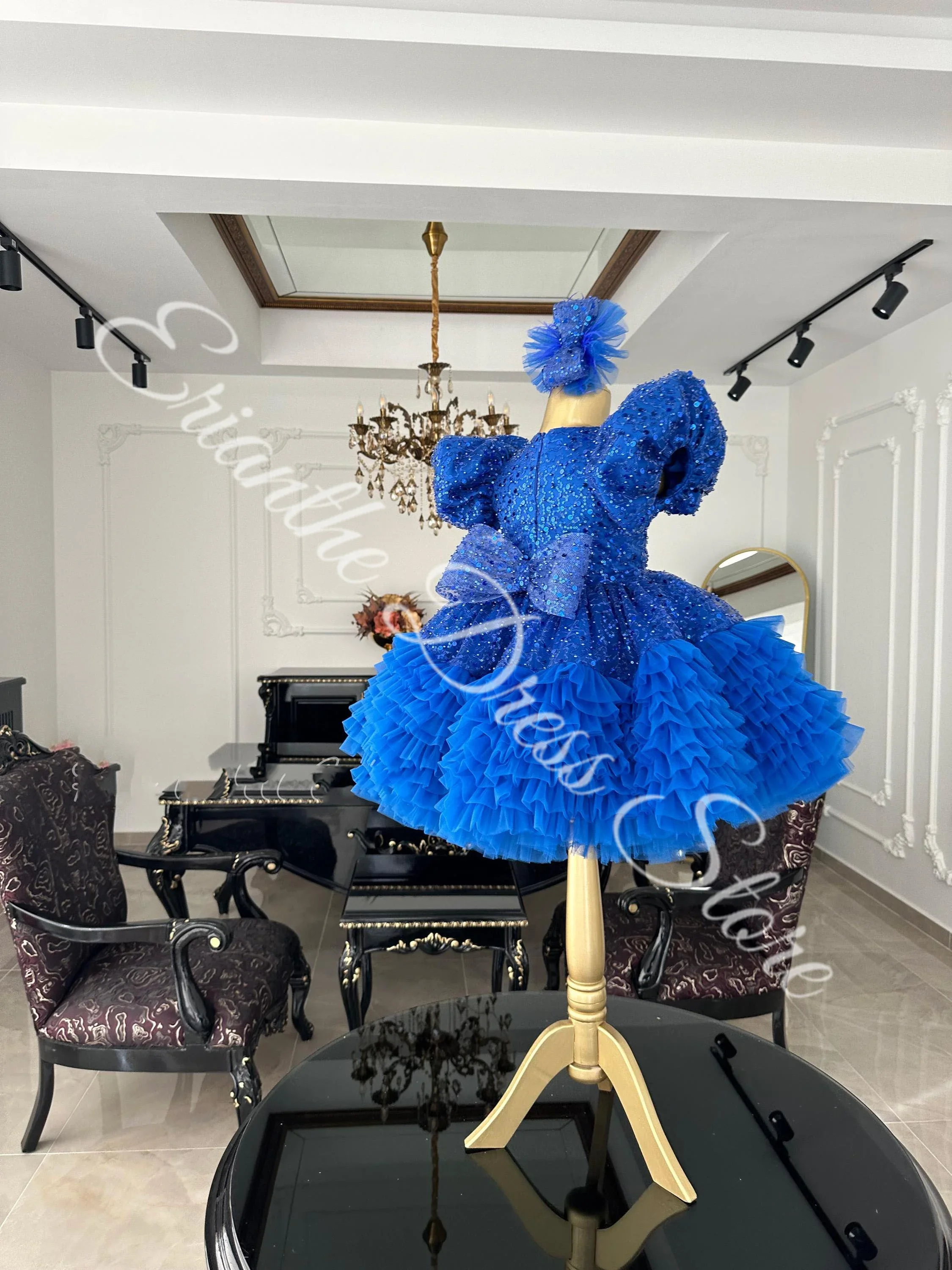 الأزرق منتفخ مع القوس تول لامع أنيق تكدرت الترتر مخصص الاطفال حفلة عيد ميلاد أول بالتواصل فستاين سهرة/فساتين الحفلات حسب الطلب