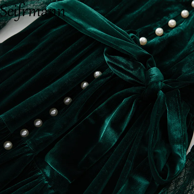 Seifrmann 2026 Wiosenna Nowa Kolekcja Damska Modna Sukienka z Kołnierzykiem Stójką, Długim Rękawem, Aksamitu, Koronkowymi Ramiączkami i Podkreśloną Talią