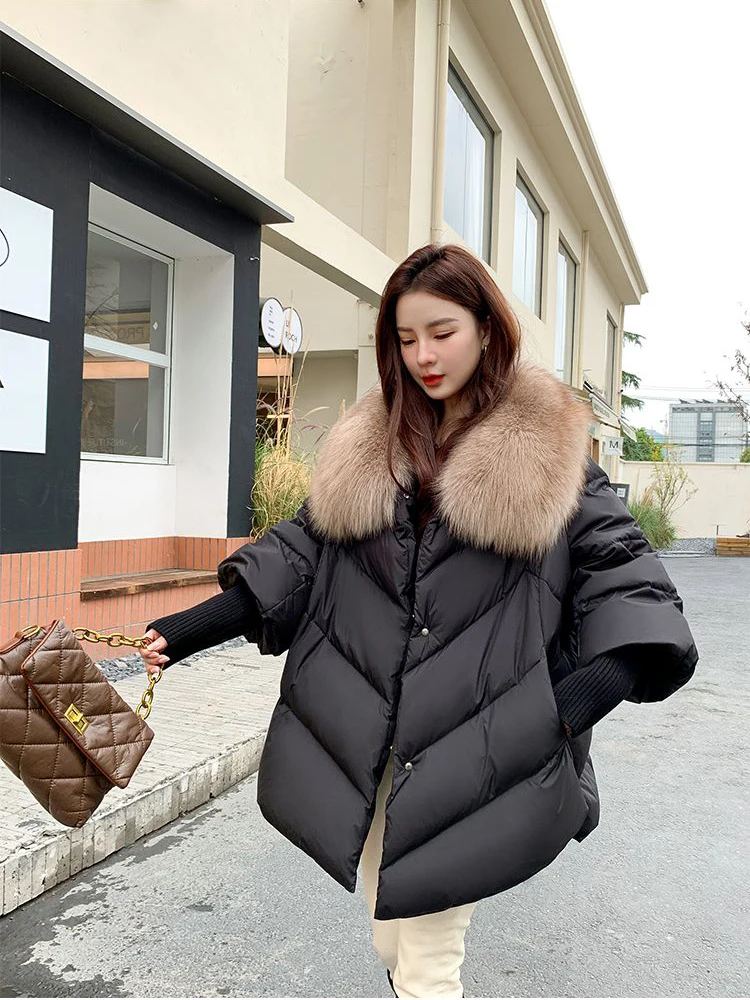 New Female Loose Outerwear Fashion Down Jacket Overcoat Women Winter Coat 90% White Duck Down Jacket With Big Woolen Collar Coat