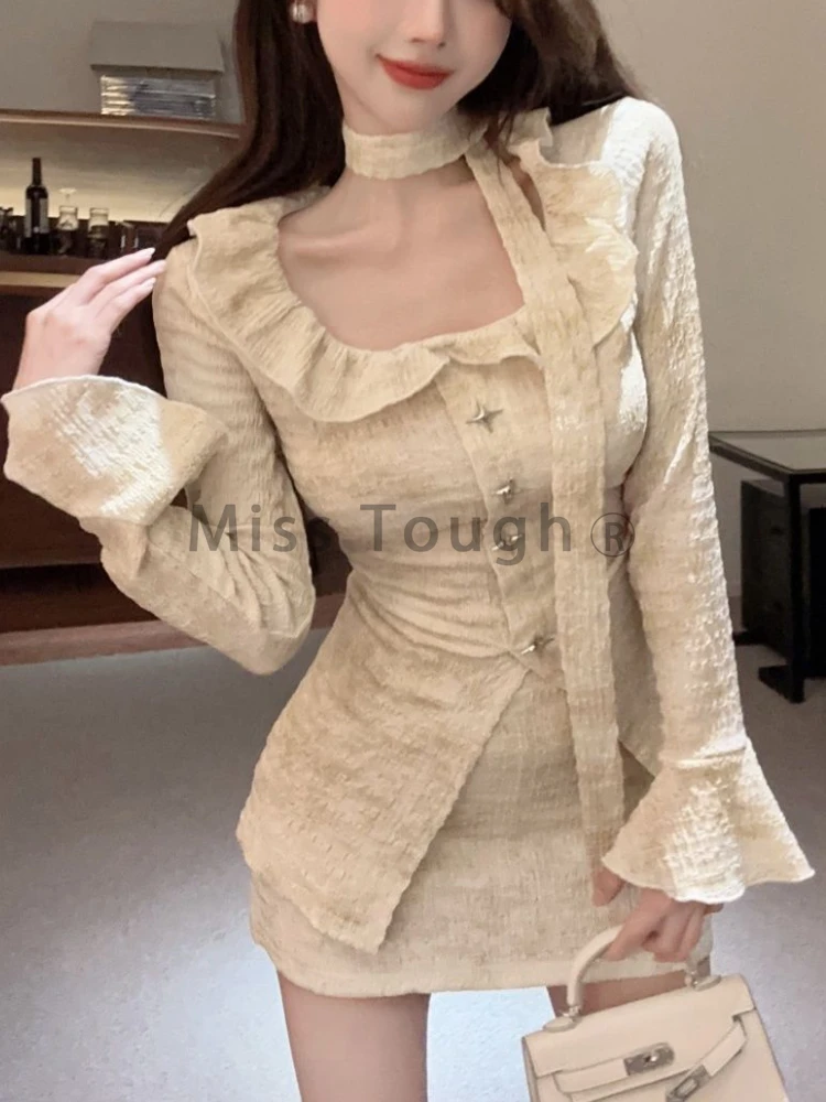 Autumn Vintage Slim Square Neck 2 Piece Set Korean Fashion Ruffle Long Sleeve Thin Top Women + High Waist Solid Short Skirt Suit