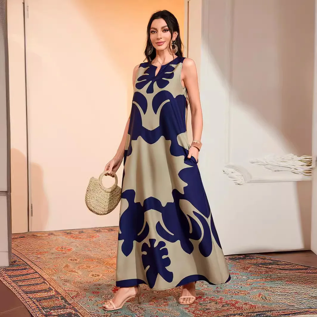 Women Summer Abstract Print Maxi Dress Sleeveless Loose Fit Vacation Beach Long Robe with Pockets Elegant Holiday Outfit