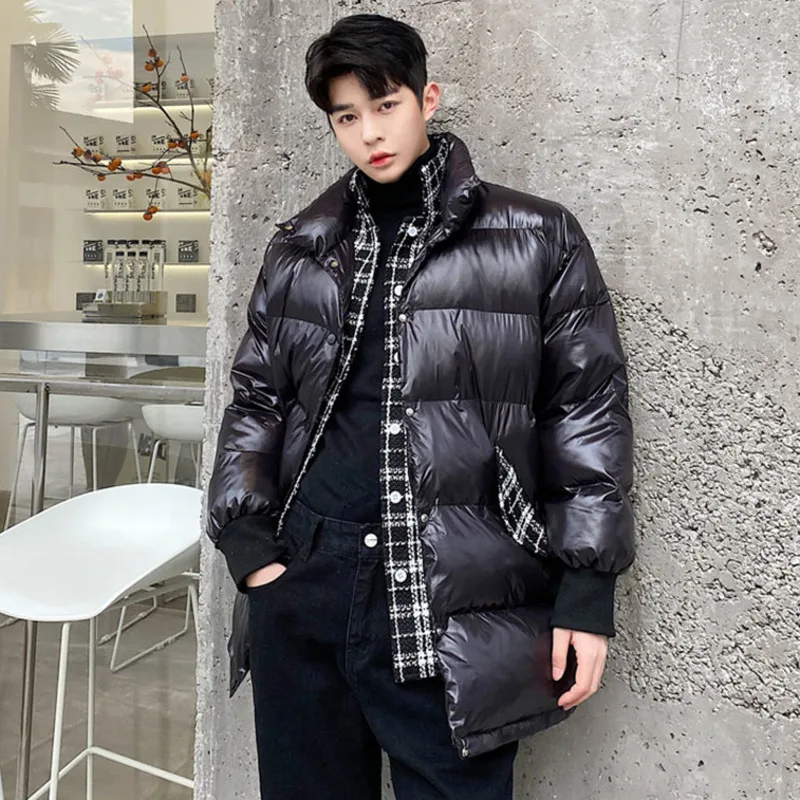 IEFB Trend Men's Padded Jackets Fashionable Woolen Plaid Fake Two Piece Niche Design Loose Mid Length Down Coat 2023 New 9C3467