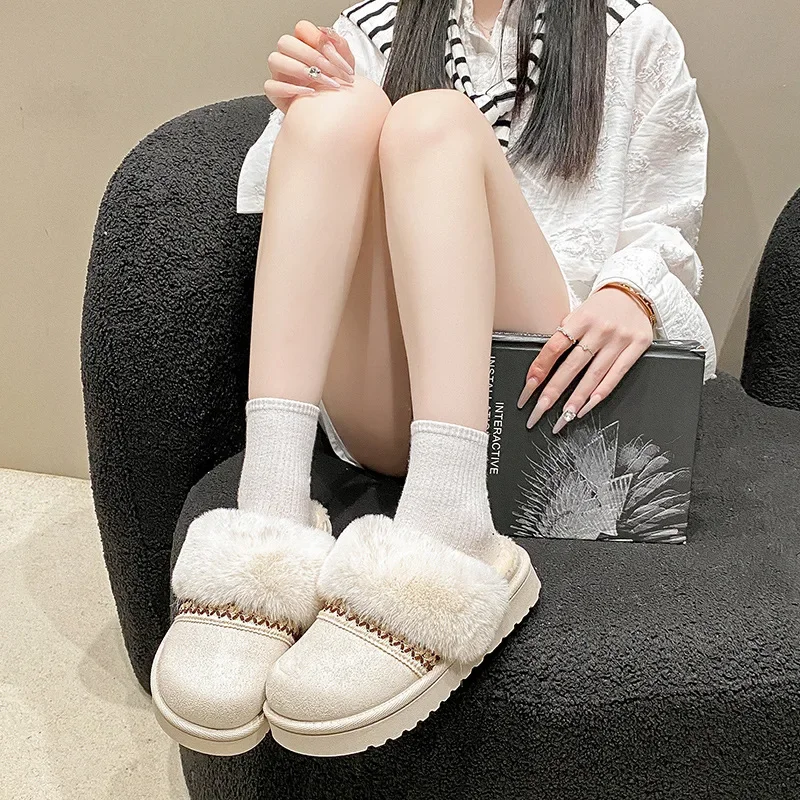 2025 الشتاء الجلد المدبوغ الراحة سميكة وحيد نعال مسطحة موضة جديدة مستديرة رئيس دافئ كبير الحجم النعال غير رسمية للنساء 36-41 #4