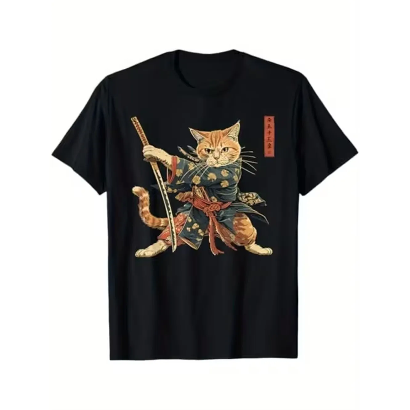 item picture mens samurai cat japanese graphic t shirt 180gsm heavy tee black with orange blue details casual everyday streetwear for anime machine washable clothing street tee high