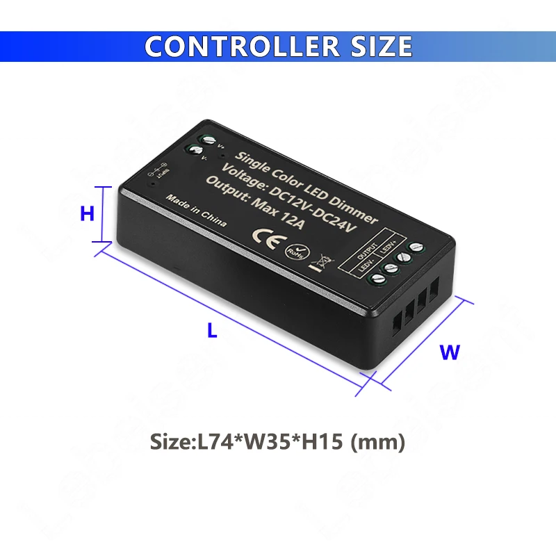 1CH LED Dimmer 12A DC12-24V Controller with 3-Key RF 433Mhz Wireless Remote Control for LED COB Single Color Light Strip Lamps