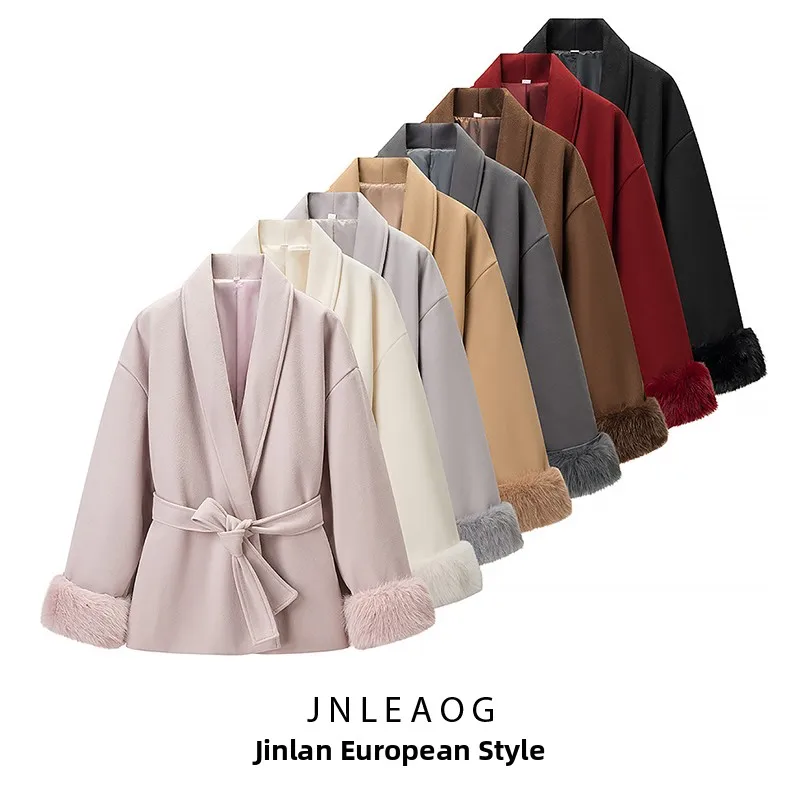 

JNLEAOG Faionable Long Sve шерстяное пальто для женщин, осеннее новое Sle Street Sle из полиэфирного волокна средней длины с мехом...