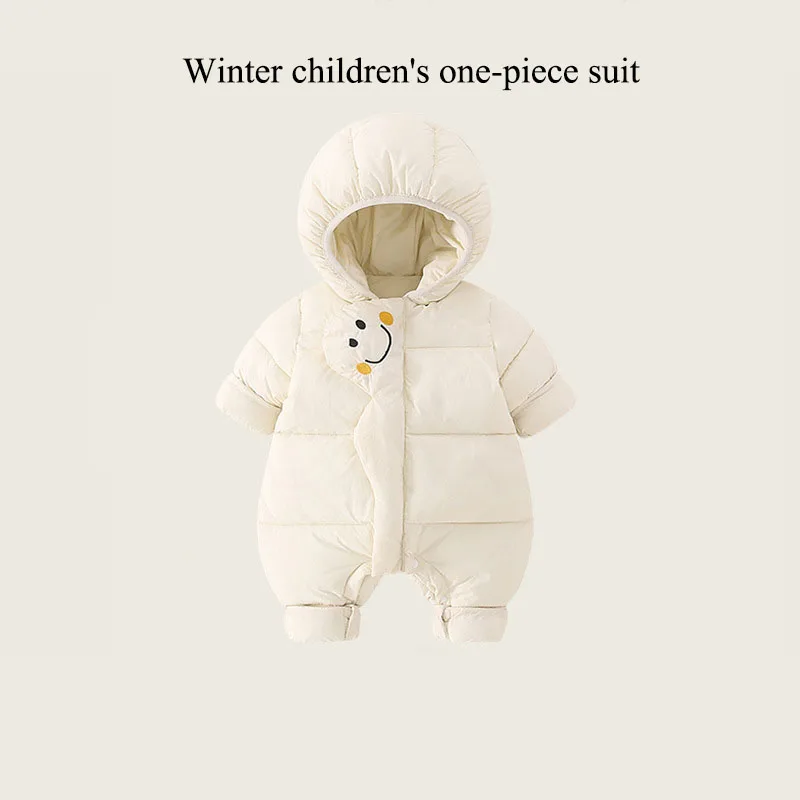 

Children Winer Hooded Jumpsuit Toddler Long Sleeve Thicken Rompers Smile Print Button Clothes Boys Girls 3-18M