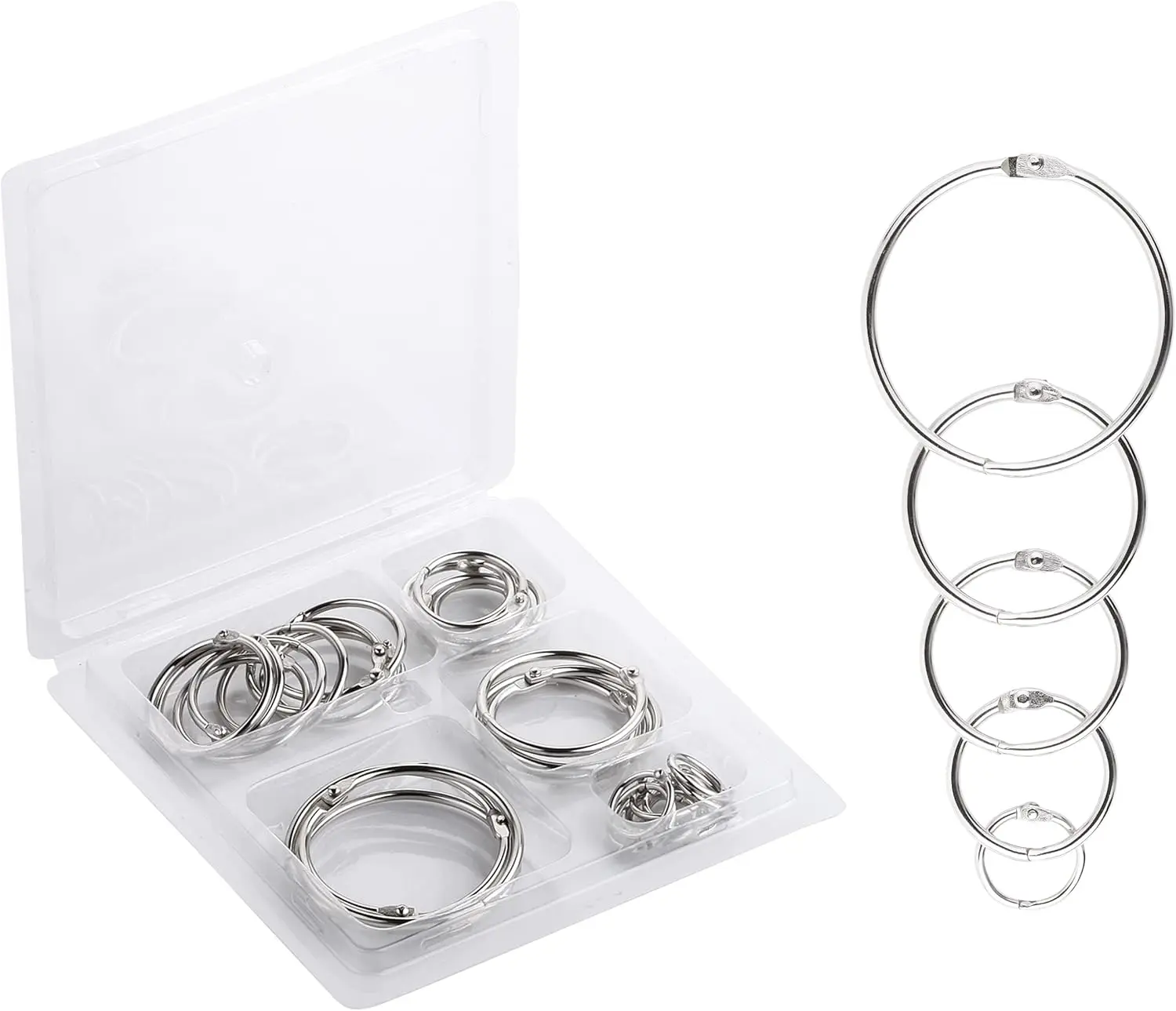 

36 Pack Loose Leaf Binder Rings, 5 Sizes (0.6-2 inch) Metal Book Rings for Index Cards, Keychains, School Office Home