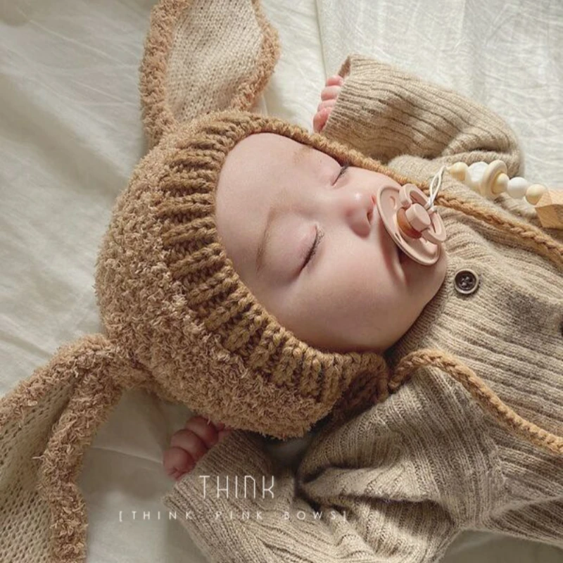 Cartoon Rabbit Ear Beanie for Newborn Boy Girl Warm Hat for Baby Korean Fashion Autumn Winter Toddler Hat Photography Prop Coffe