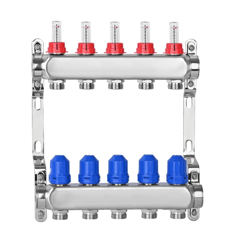 Commercial Residential Use 5-Way Heating Floor System Flexible Stainless Steel Manifold Flow Meter Drain Valve Underfloor System