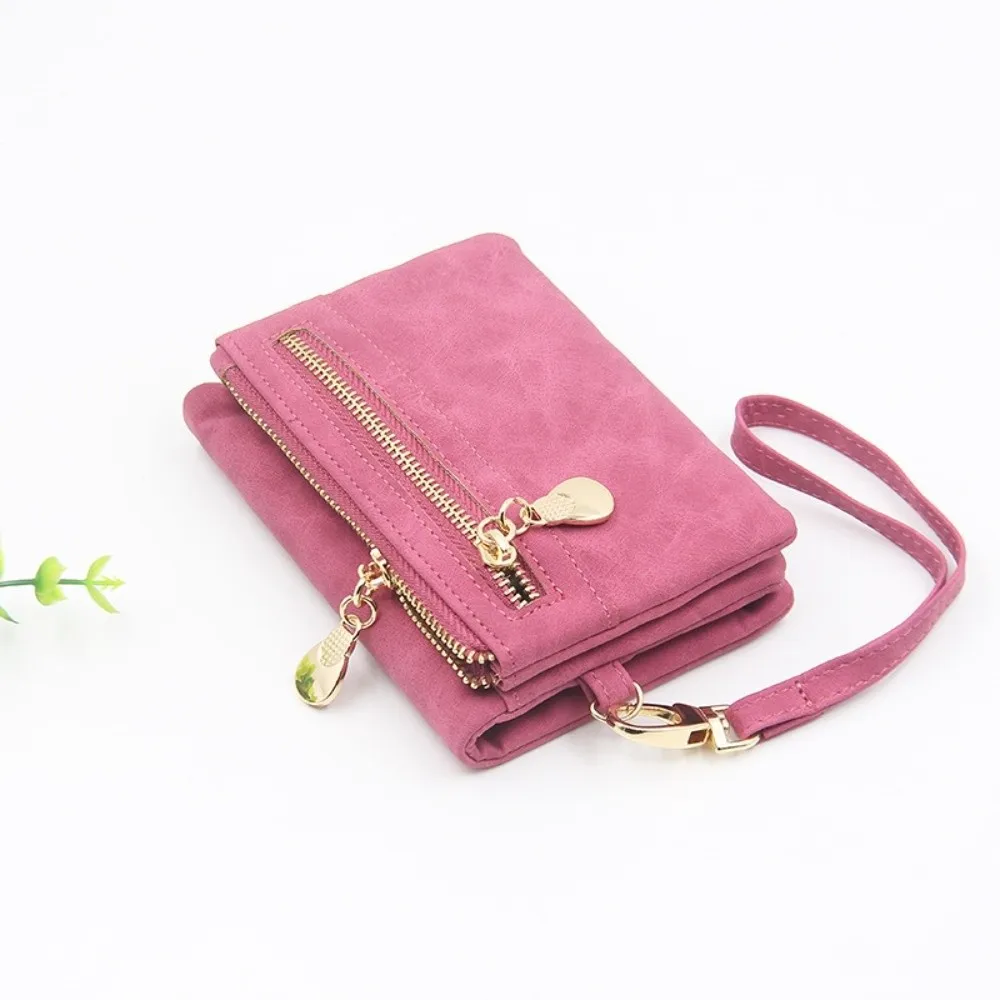

PU Leather Double Zipper Purse Multiple Card Slots ID Card Window Folding Wallet Coin Pocket Frosted Finish Wrist Bag