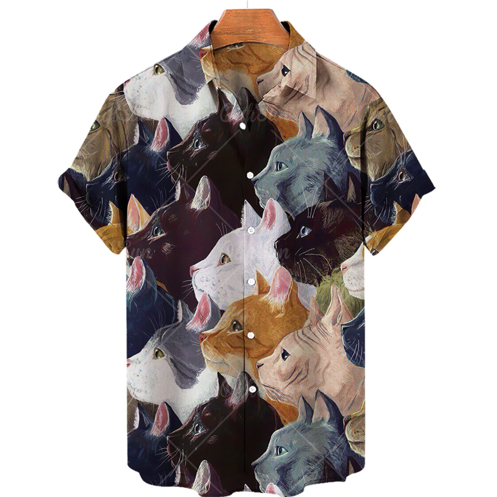 Men\'s Hawaiian shirts 3D cute cat print short sleeved shirt lapel fashionable casual Harajuku cartoon new clothing