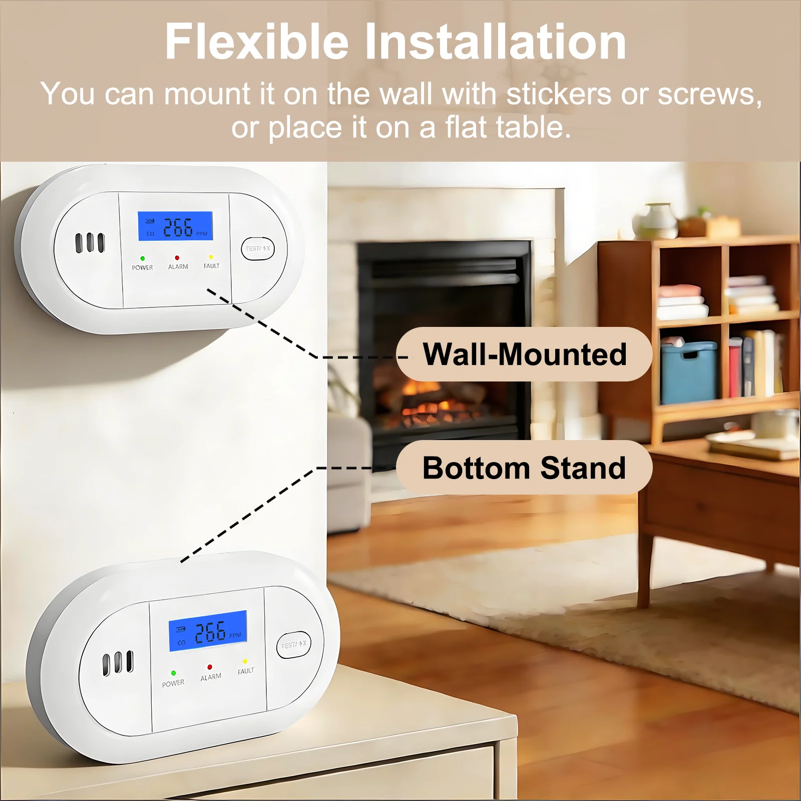 LCD Display Carbon Monoxide Alarm 85dB Wall mounting CO Gas Monitor Alarm Detector For Fireplace Bedroom Stove Garage