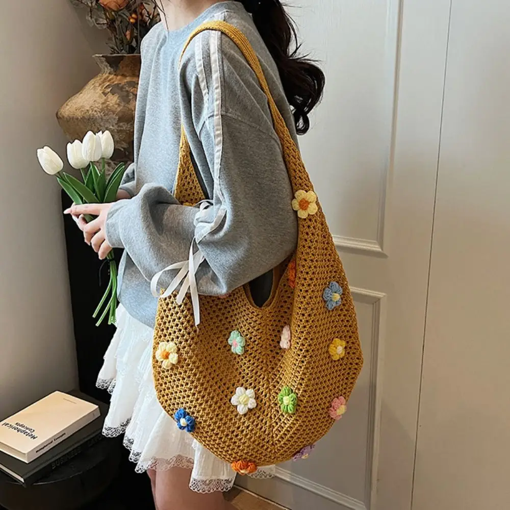 

Плетеная сумка с цветочной нитью, большая сумка, пляжная сумка, пляжная сумка, большая вместительная полая сумка на плечо в богемном стиле для покупок