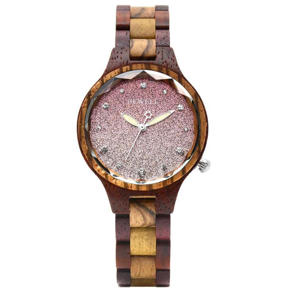 Women's Watch with Light Wooden Star Surface Stainless Steel Clasp Dual Time Display Handmade Quartz Fold Buckle Wristwatch