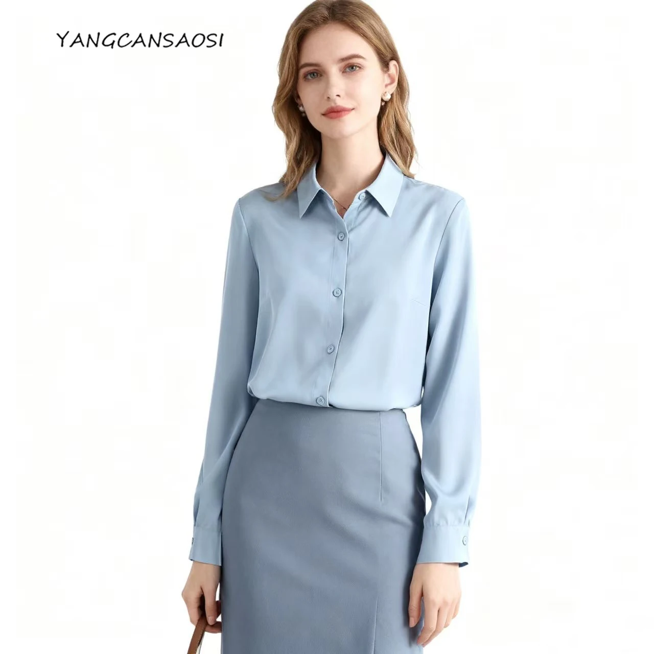

2026 Women's Spring/Autumn New 26MM Heavy Crepe 100% Natural Mulberry Silk Blue OL Style Versatile Commuter Long Sleeve Shirt