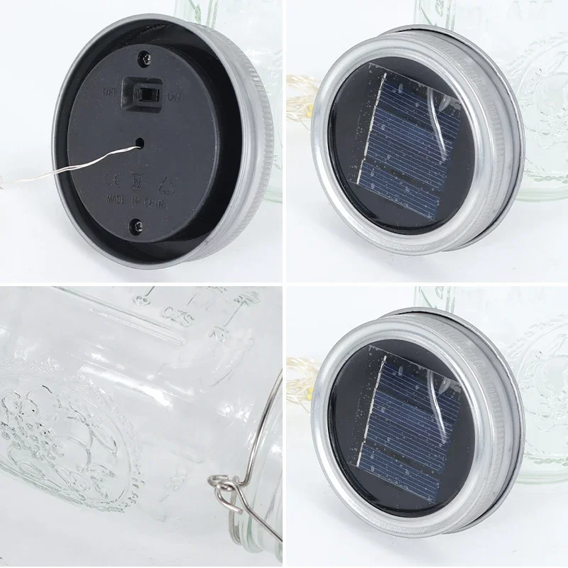 Guirxiété lumineuse solaire à LED pour bocal Mason Jar, couvercle avec cintres, couvercle d'insertion, lumière dégradée, 62 cordes