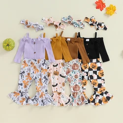 2024-05-16 Lioraitiin Baby Girls Halloween Set Long Sleeve Boat Neck Bow Cami Romper Pumpkin Print Flare Pants Hair Band Outfits