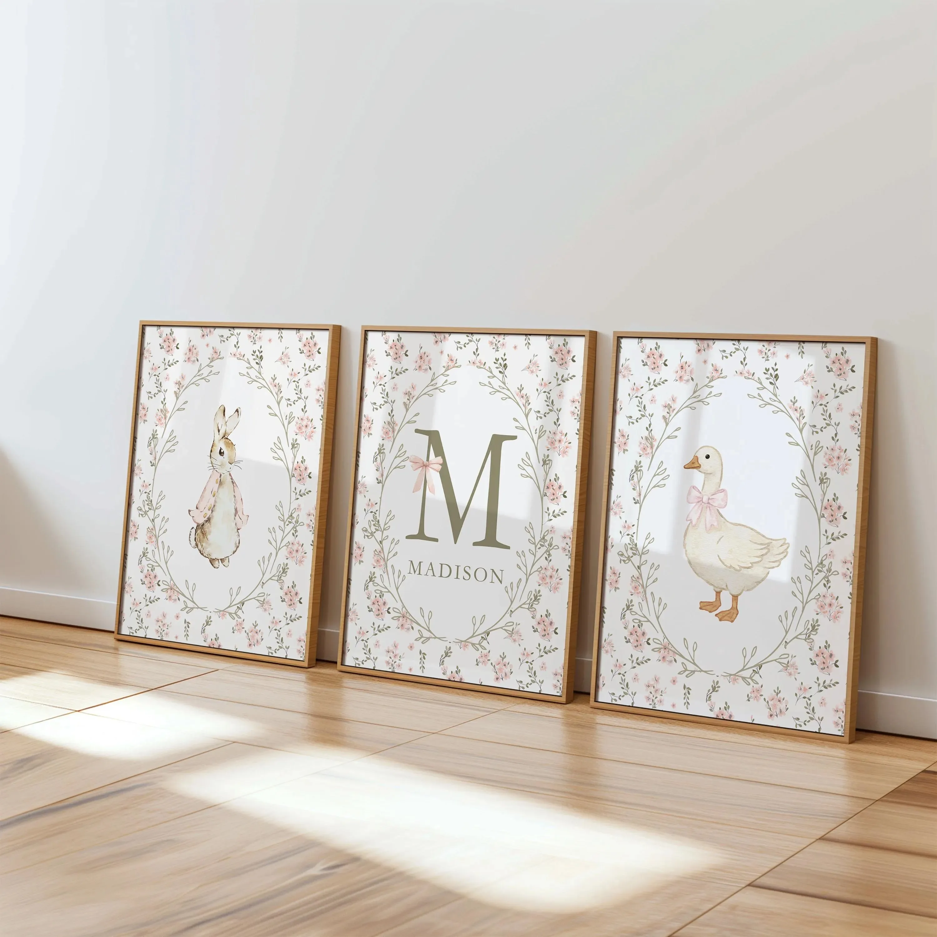 3pcs/set Custom Cartoon Rabbit Goose Name Canvas Print Easter Pink Flower Nursery Wall Art Poster for Baby Girl Room Home Decor