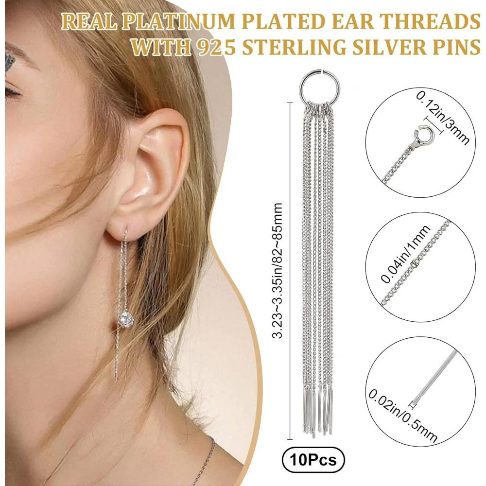 1 Box 10Pcs Platinum Threader Earrings with 925 Sterling Silver Pins Pull Through Threaded Long Chain Drop Tassel with Loop