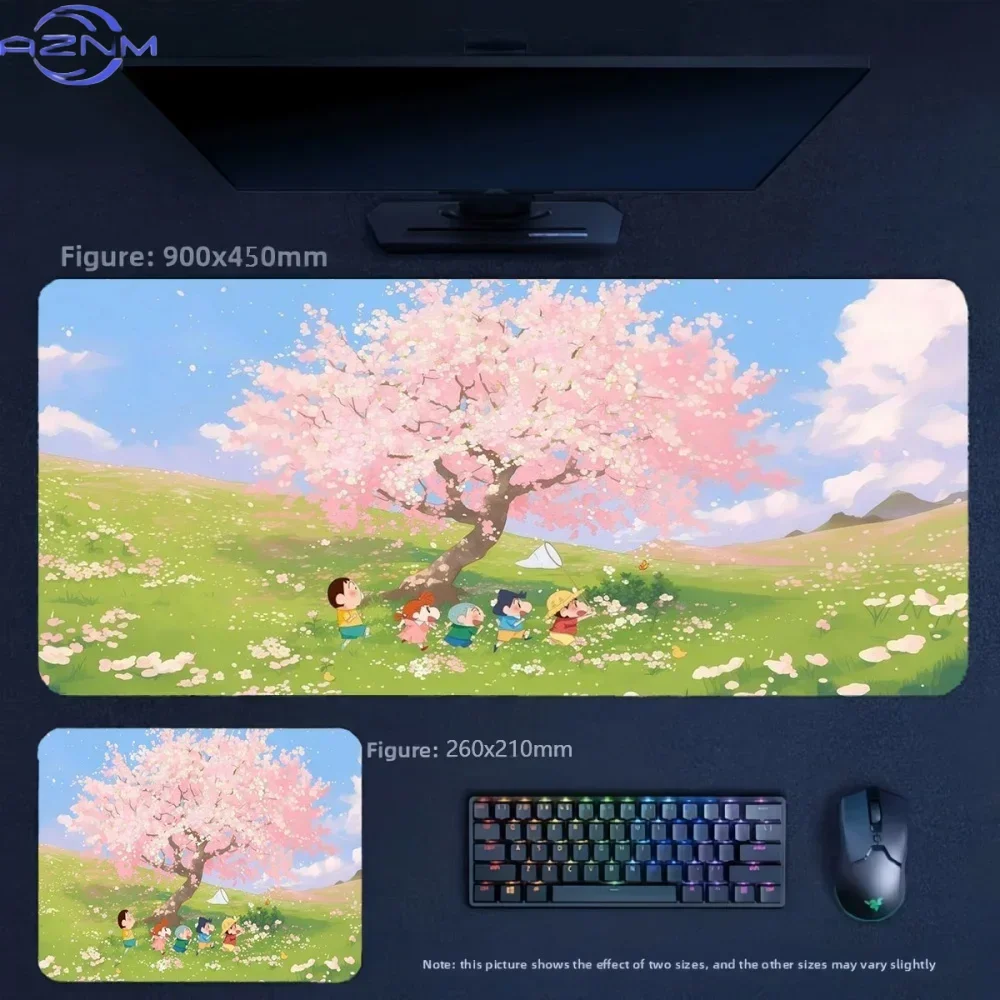 Anime Crayon Shin‑chan Cherry Blossom Scenery Large Mousepad, Rubber Non‑Slip Extended Gaming Desk Mat, Waterproof Anti‑Fray Mou