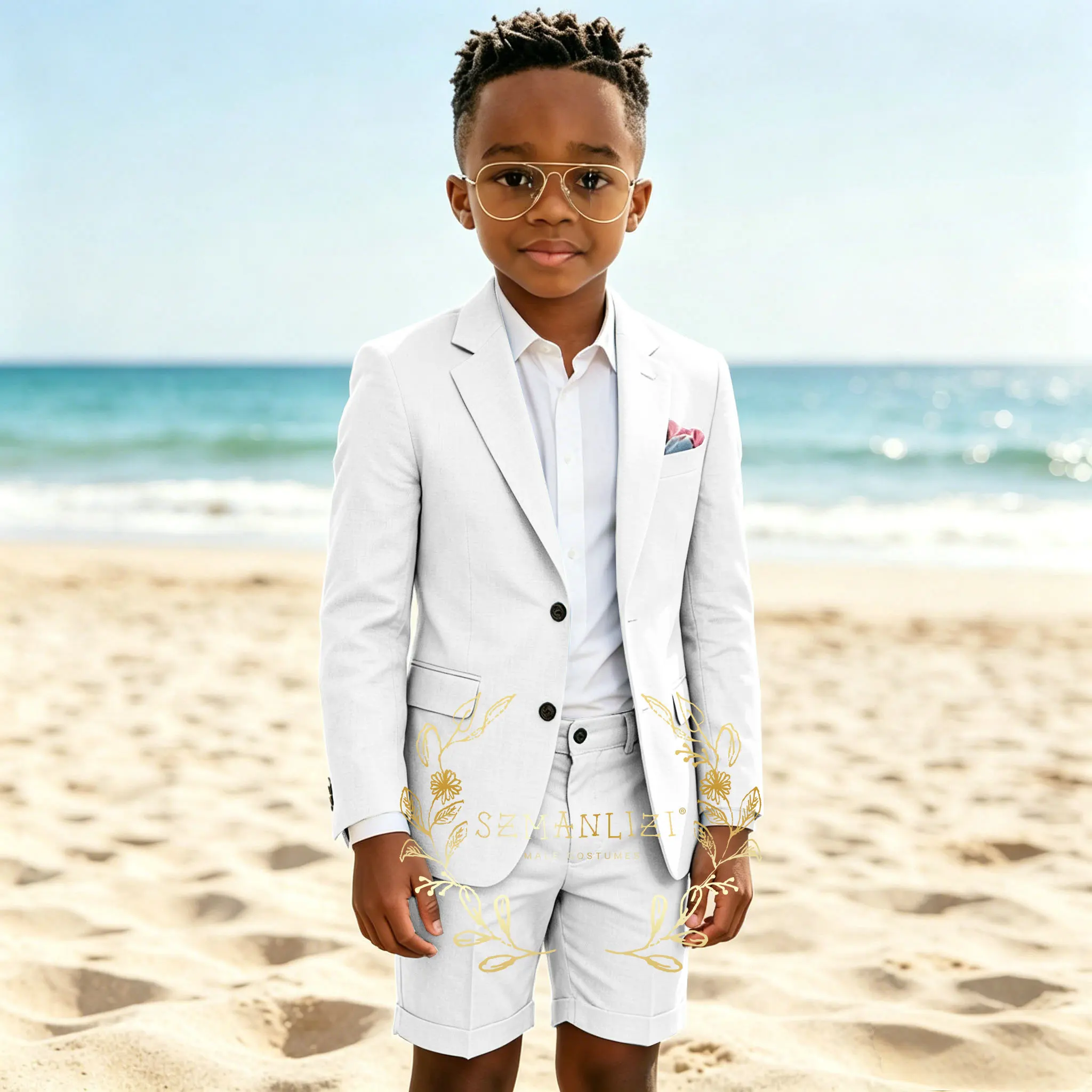 

Casual White Linen Boys Suit 2 Pieces Set Notch Lapel Jacket Short Pants Kids Wedding Tuxedo 2-16 Years Old Summer Beach Clothes
