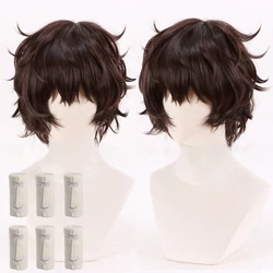 Anime Dazai Osamu Wig Cosplay Dark Brown Short Curly Dazai Osamu Cosplay Wig Heat Resistant Hair Halloween Party Wigs + Wig Cap