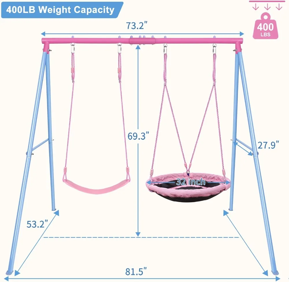 Swing Set, 440lbs, Heavy-Duty A-Frame Metal Outdoor Swing Stand, 1 Saucer & 1 Belt Swing seat for Playground, Backyard Pink