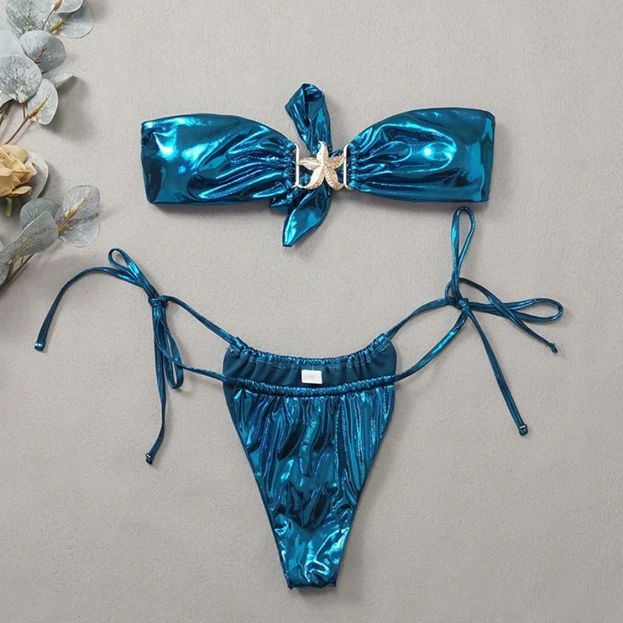 

2024 Gem Blue Glossy Bikini Women's Clothing Swimsuit Summer Beach Vacation Outfits Thong Bathing Suit Bandeau Backless Swimwear