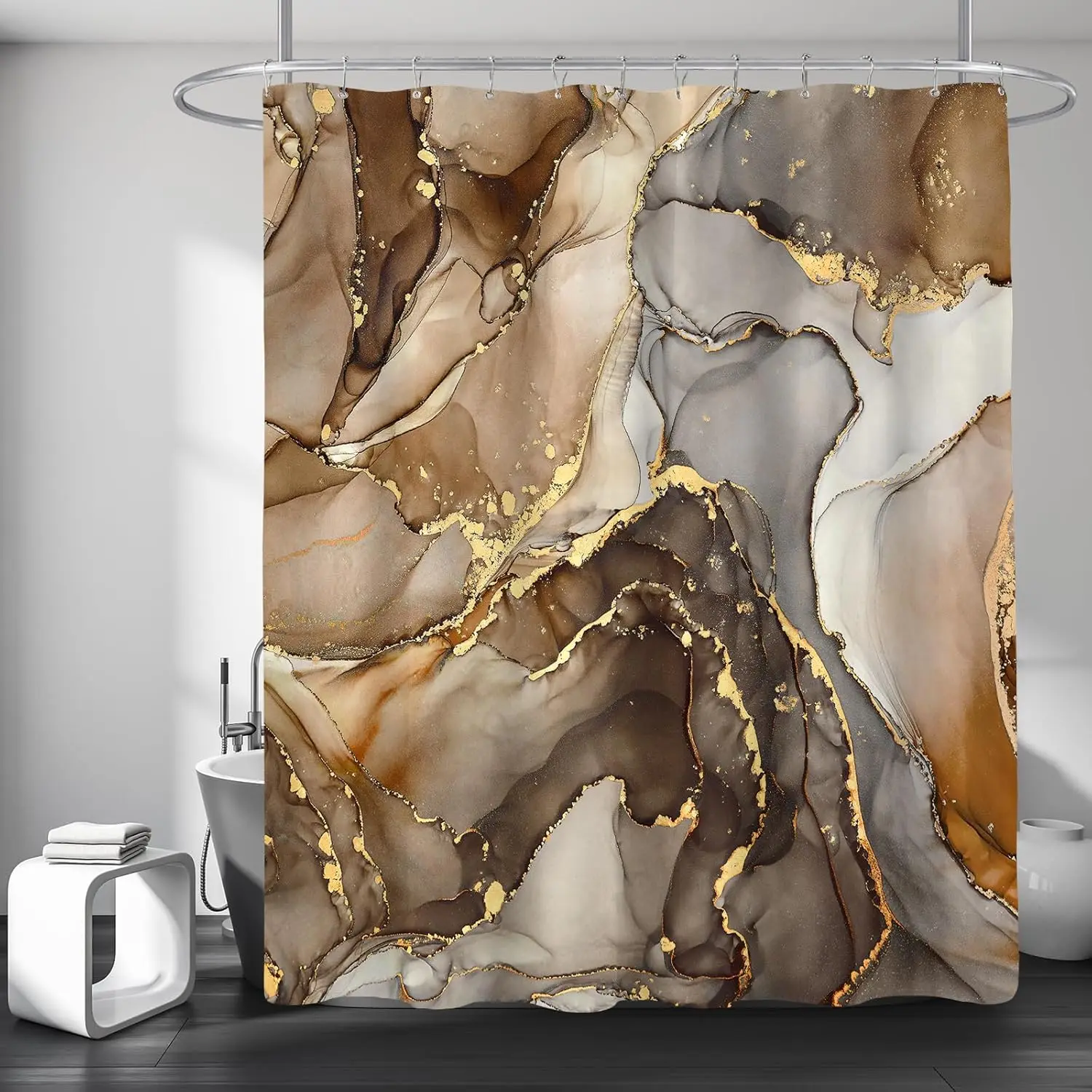

Modern Brown Marble Shower Curtain, Abstract Watercolor Art, 72x72 with Hooks