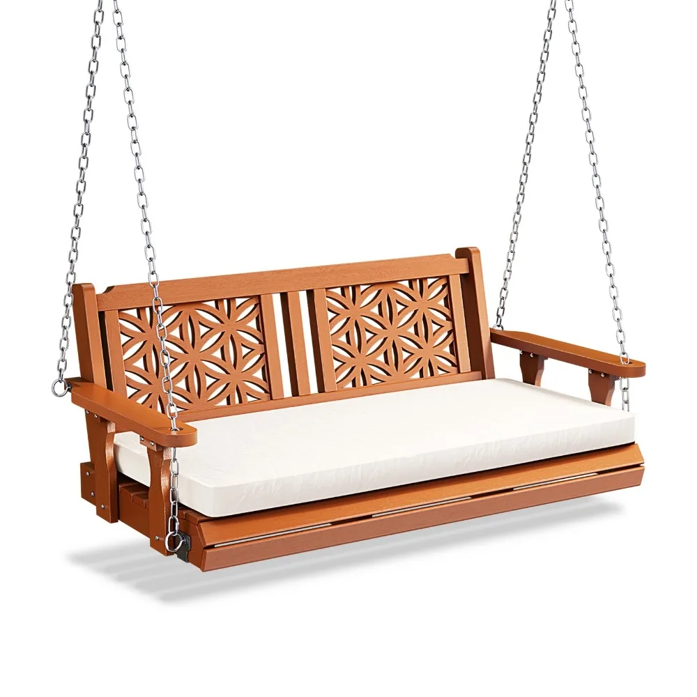 4.5 FT Outdoor Porch Swing with Cushions, Heavy Duty 880 LBS 2-Person Wooden Patio Swings with Eternal Flower Pattern