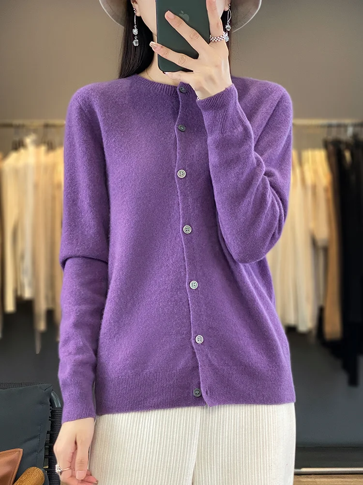 Basic O-Neck 100% Merino Wool Sweater Women Knitted Cashmere Cardigan Spring Autumn Female Knitwear Clothing Tops