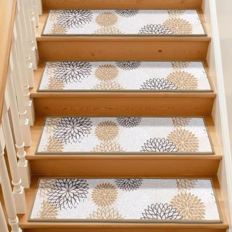 VIKAMA Floral Gray Crystal Velvet Stair Runner for Wood Steps Anti Skid Cozy Aesthetic Plush Cushion Home Decor