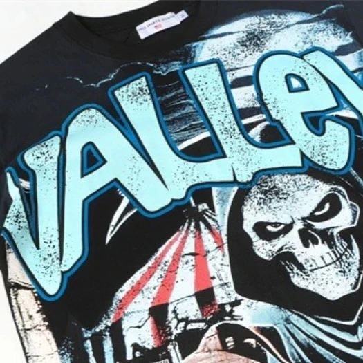 تي شيرت مطبوع عليه جمجمة VALLEY Black Hop Hop للرجال والنساء 1:1 أفضل جودة كبيرة الحجم من القطن الخالص بأكمام قصيرة