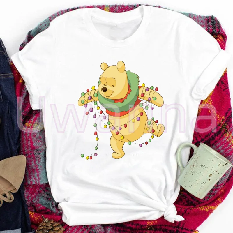 Christmas Winnie Bear Tshirt Women Graphic Cartoon Pooh T-shirt Korean Clothing Tops Shirts Printed Summer Female y2k Clothes