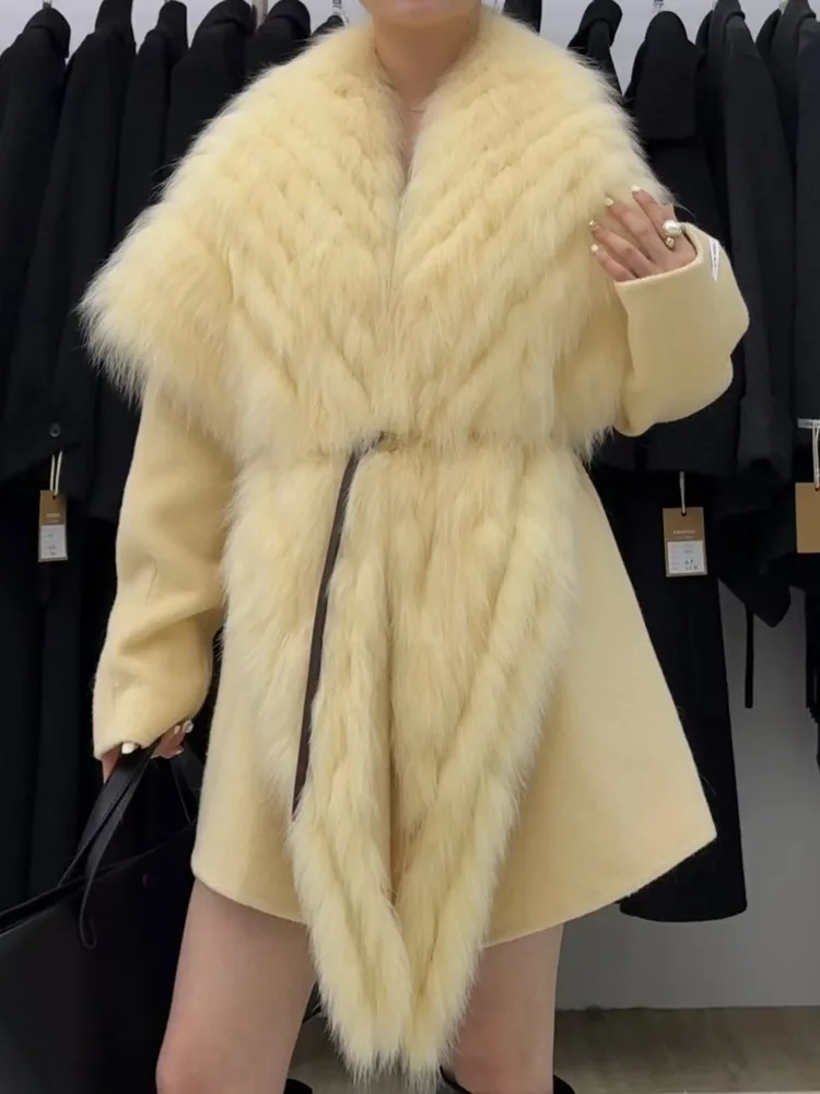 ZMEENNA Womens Luxurious Wool Blend Coat With Oversized Fur Collar Trim Warm Winter Outwear Short Elegant Jacket Brown ZM4540