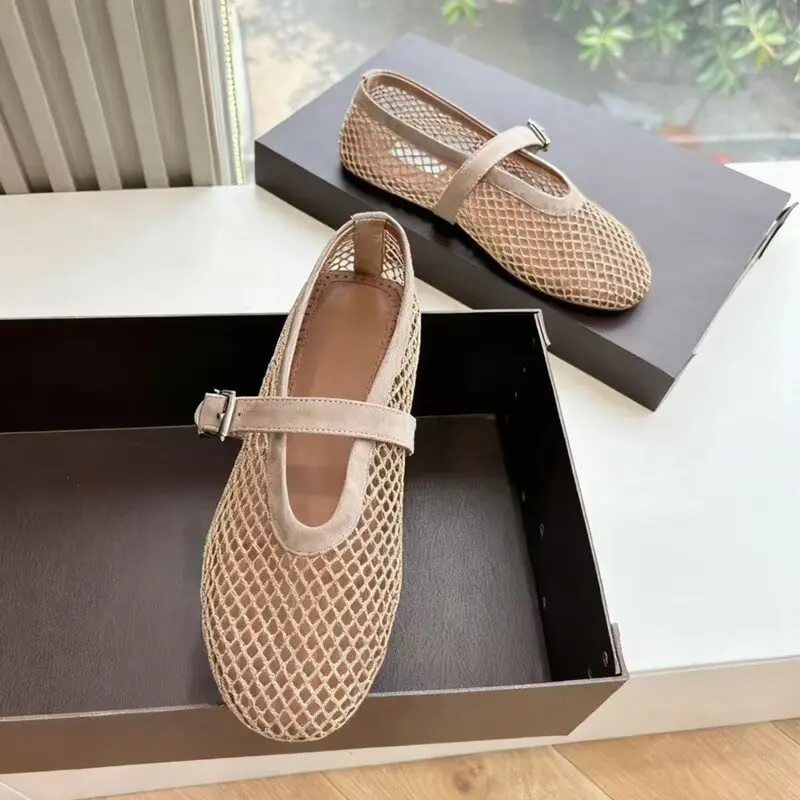 

Designer Brand Original Genuine Leather Mesh Hollow Mary Jane Single Shoes Women's Flat Bottom Fishing Net Ballet Shoes