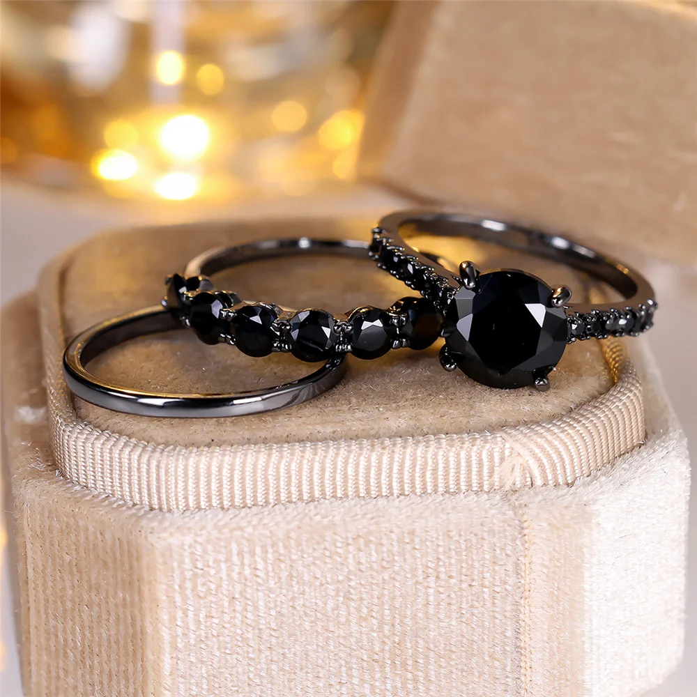 Luxury Female Black Zircon Stone Engagement Ring Set Promise Love Wedding Jewelry For Women