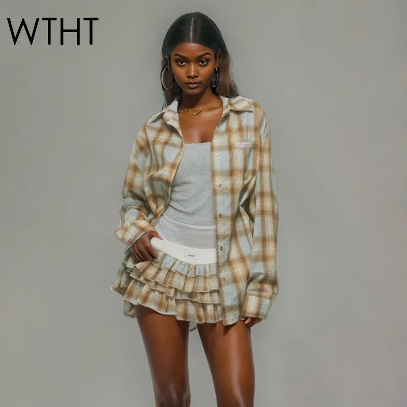 

WTHT Fashion New Women's Diamonds Plaid Loose Shirt Elastic High Waist Pleated Cake Skirts Female 2025 Summer 1LS2063