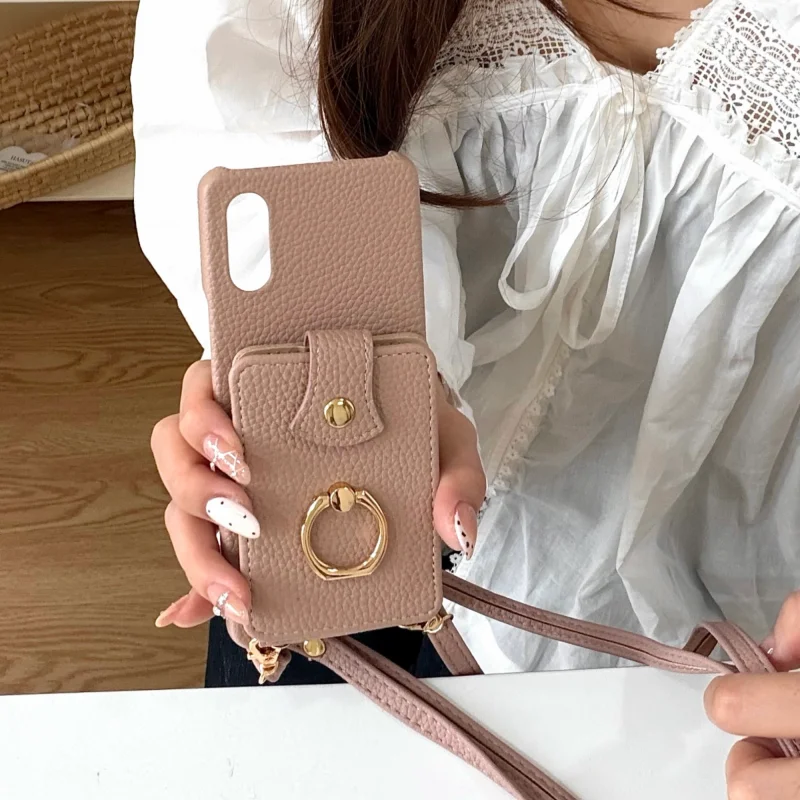 

For Sony Xperia 10 V 1 VII VI IV Case Protective Shell Back Cover Fashion Leather Ring Card Coin Bag Texture With Lanyard
