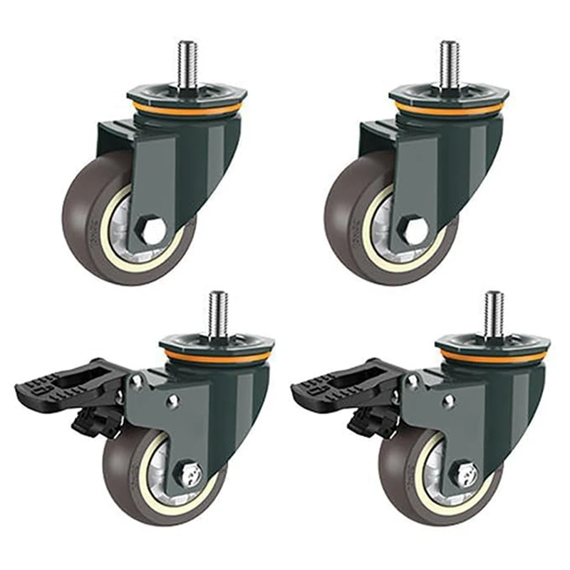 Caster Wheels,4 PCS M16 Thread Heavy Duty With Brake Universal 360° Swivel Nature Trolley Replacements 3 Inch