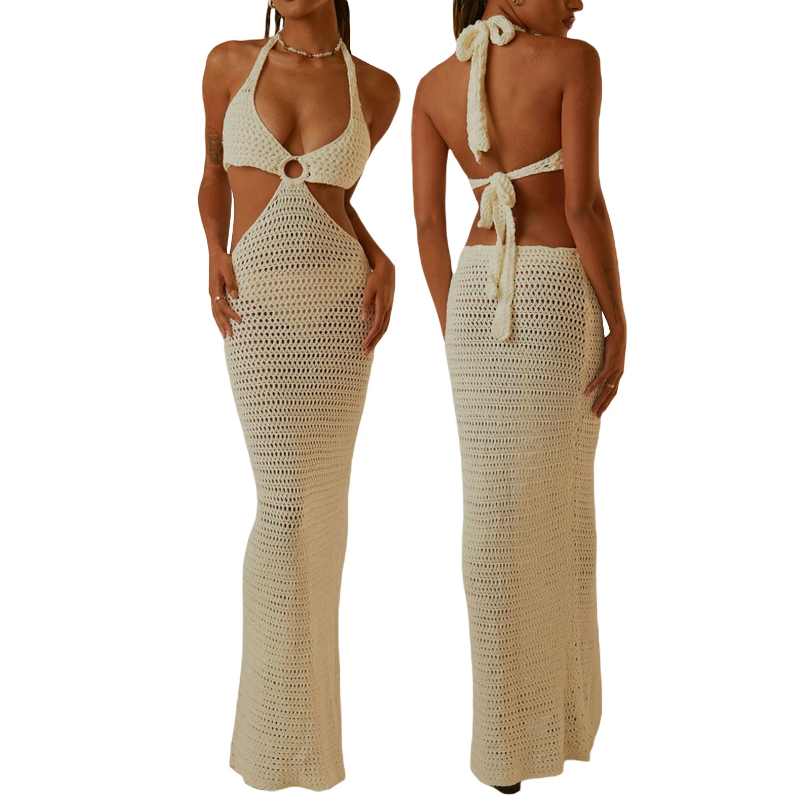 Yiiciovy Vrouwen Bikini Cover-Ups Gebreide Holle V-hals Halter Tie-Up Jurk Badpak Cover-Up Sexy Backless gehaakte Strand Jurken