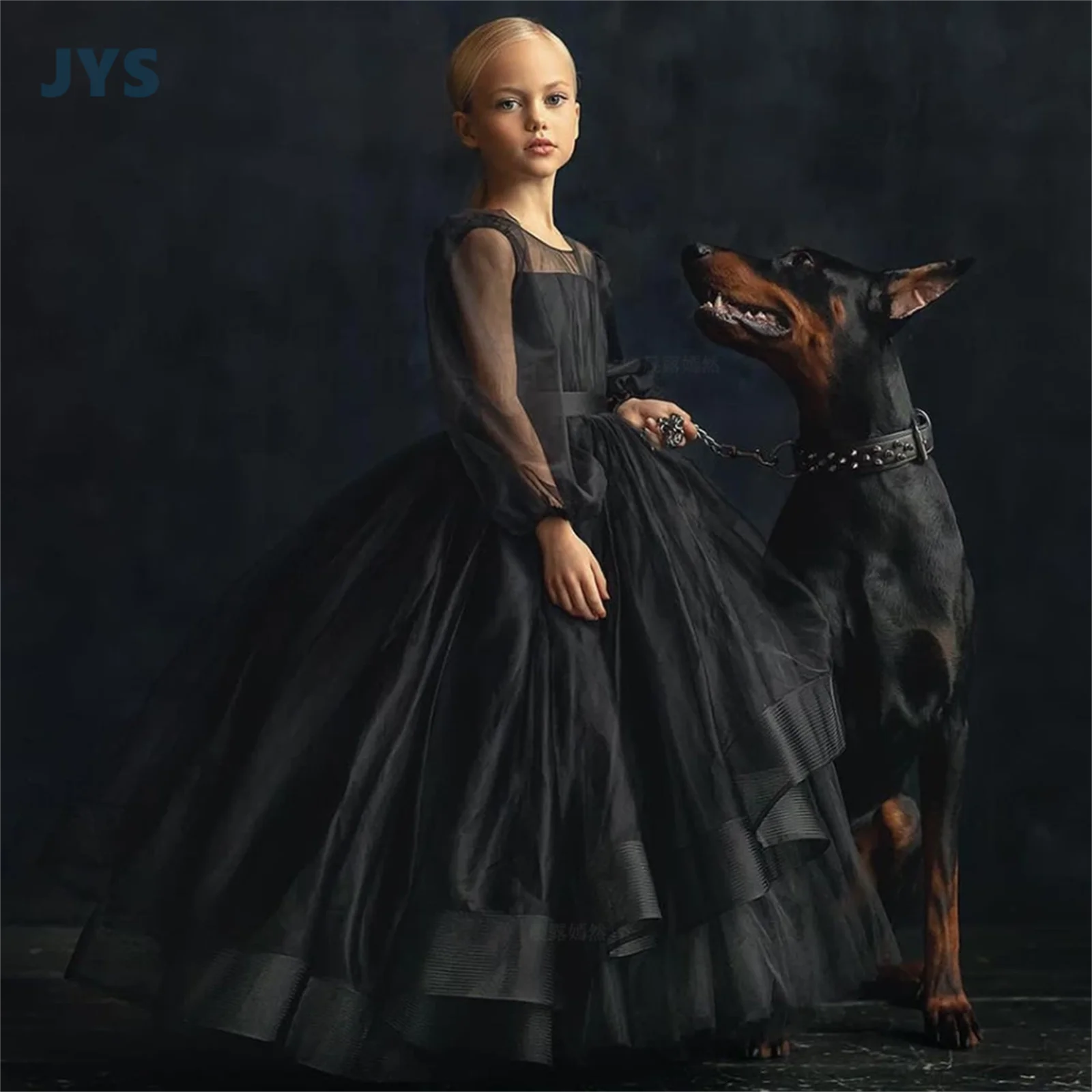 

JYS Black Flower Girls Dresses Illusion A-Line Luxury Kids Wedding Party Dress Full Sleeves Tulle Long Child Bridel Gown